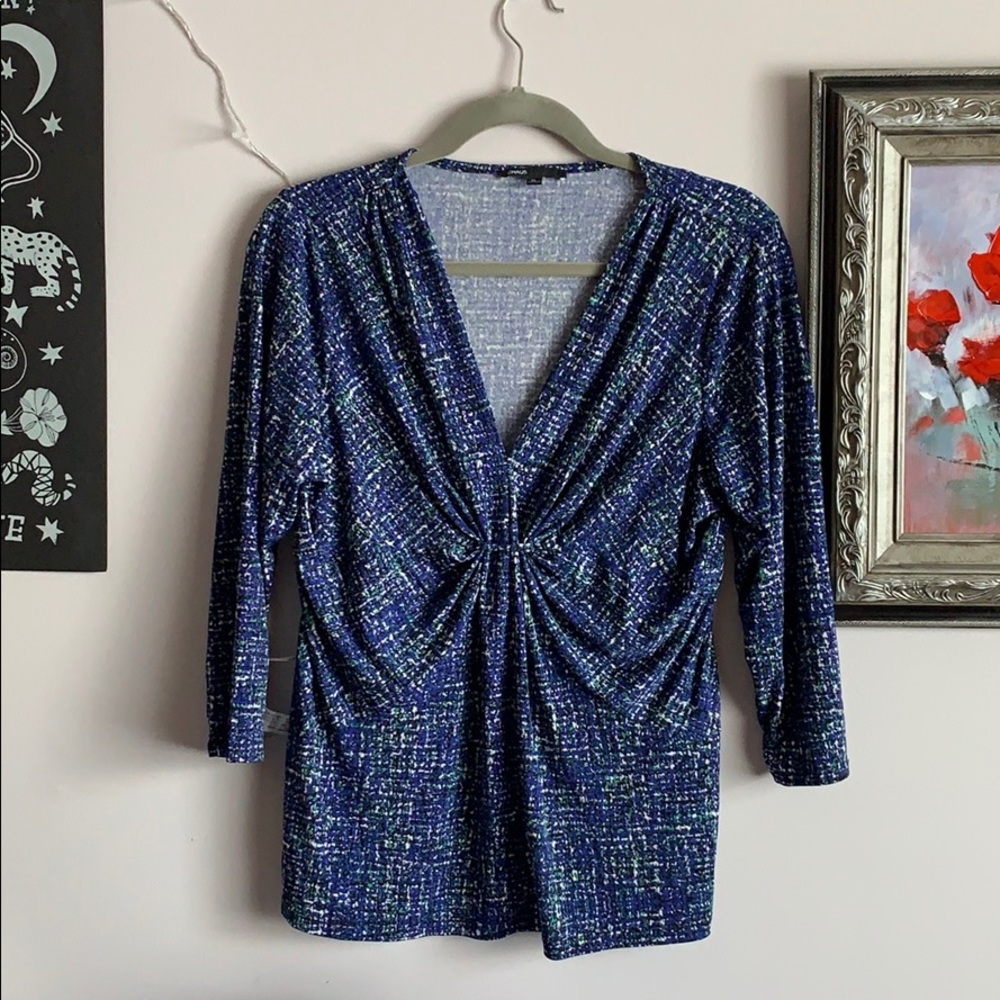 Blue V-Neck Blouse XL Pleaded Piece in the front